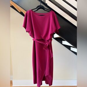 Women’s Cranberry Colored Belted Midi Sheath Dress, New W/O Tag, Size L